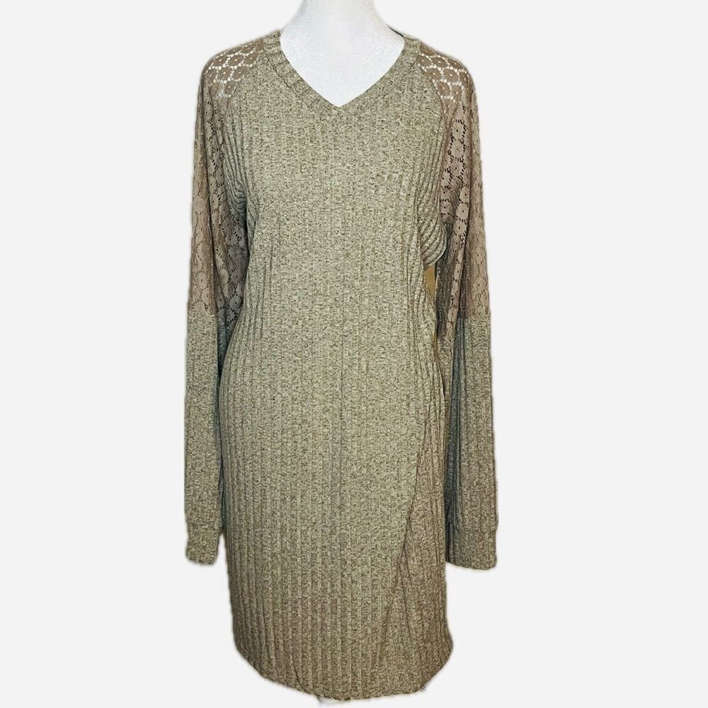 NWT Cupshe Tan ribbed lightweight Knit Sweater Dress with Lace Sleeves | XL (run